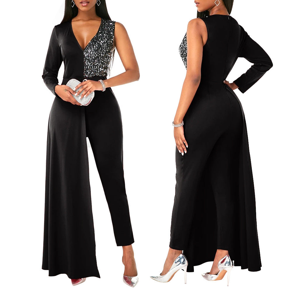 V-neck Sequin Covered Hip Plus Size Jumpsuit - Mubimart -  