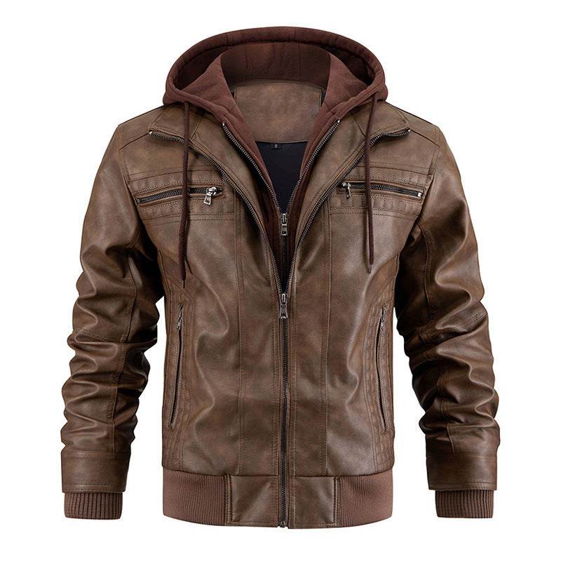 Hooded Jacket With Zipper Pockets Fashion Warm Pu Leather Coat Mens Clothing - Mubimart