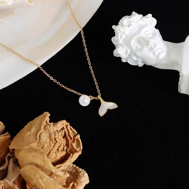 Fashion Upscale Jewelry Pearl Whale Tail Cameo Shell Charms Chain Choker Necklaces Pendants For Women - Mubimart