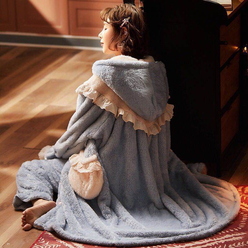 Cute Nightgown Plus Fleece Nightdress Flannel Set - Mubimart