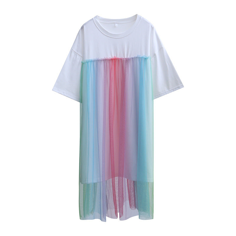 Rainbow Short-sleeved T-shirt Dress Women's Summer Dress Plus Size Mid-length - Mubimart -  