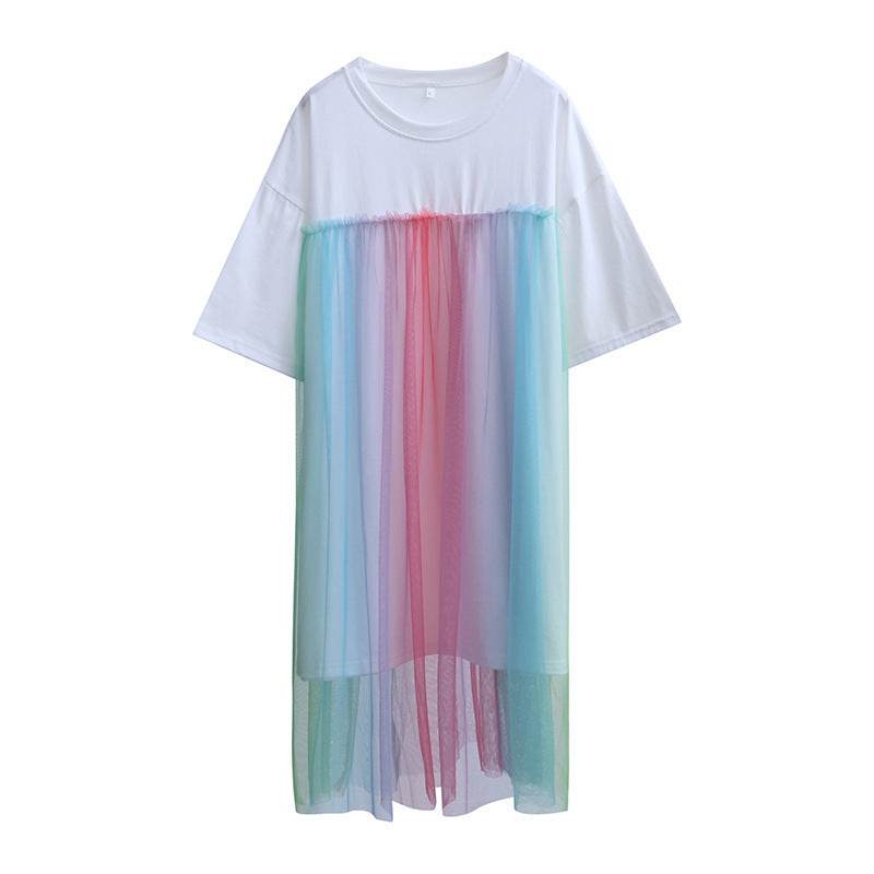 Rainbow Short-sleeved T-shirt Dress Women's Summer Dress Plus Size Mid-length - Mubimart