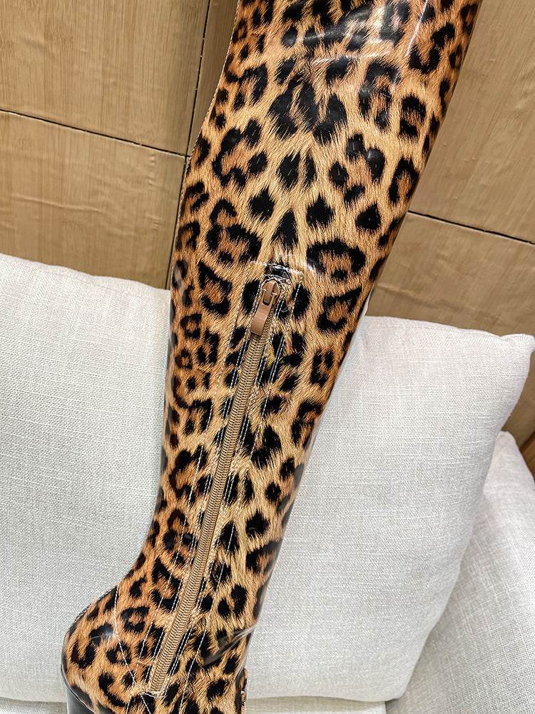 Leopard Print Stretch Tall High Heel Boots - Mubimart