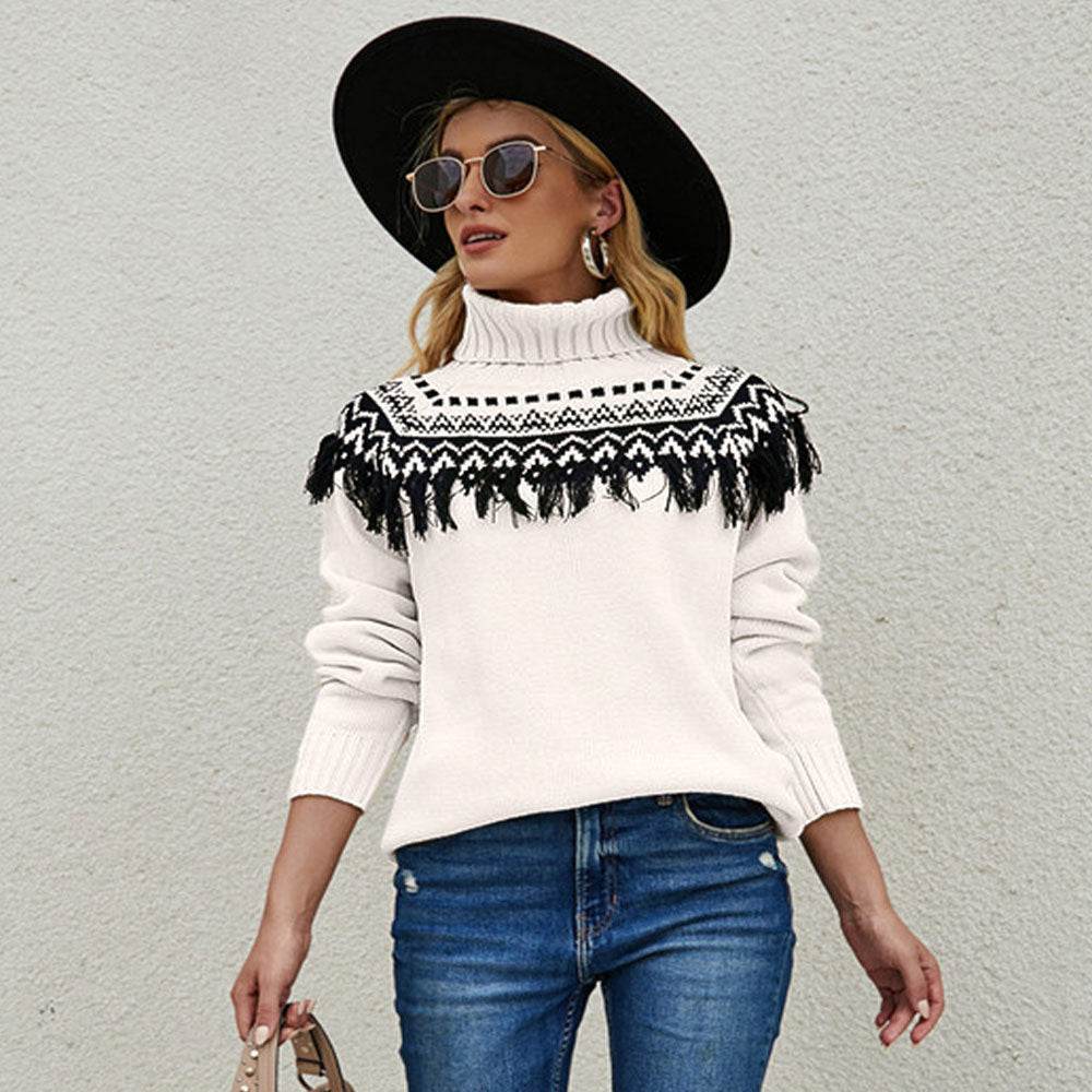 New Cross-border Amazon Fashion Pullover Plus Size Ladies Tassel Knitted Sweater European And American Turtleneck Sweater - Mubimart