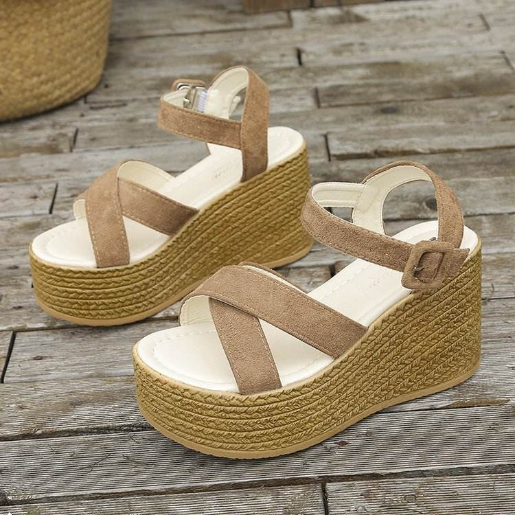 Wedge Sandals For Women Summer Casual Non-slip Cross-strap Platform Shoes With Hemp Heels Shoes - Mubimart