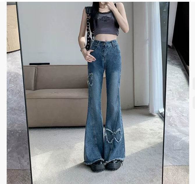 American Retro Butterfly Embroidery Slightly Flared Jeans Women - Mubimart