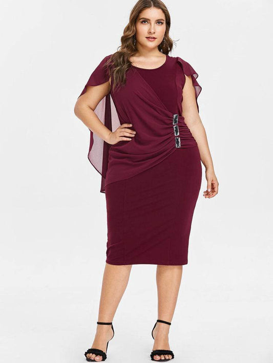 Round Neck Short Sleeve Chiffon Shawl Tight-Fitting Plus Size Dress Women - Mubimart