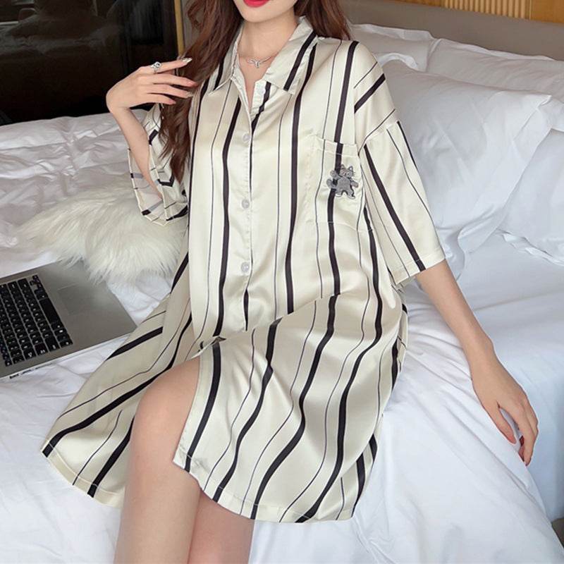 Striped Shirt Dress Short Sleeve Plus Size Loose Pajamas For Women - Mubimart
