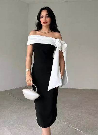 Elegant Contrasting Bow Bodycon Dress - Mubimart