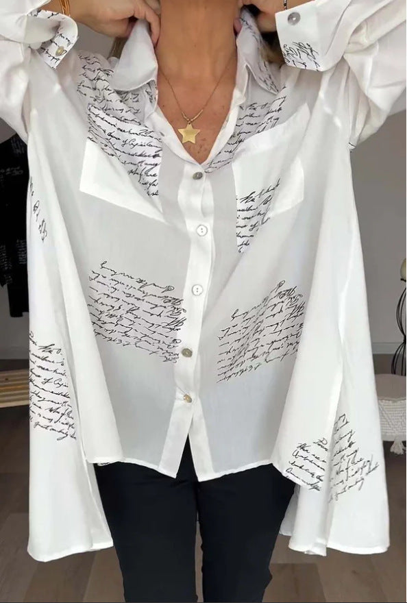 Letter Print Long Sleeve Shirt Fashion Commuter Style Lapel Shirt Women's Clothing - Mubimart -  