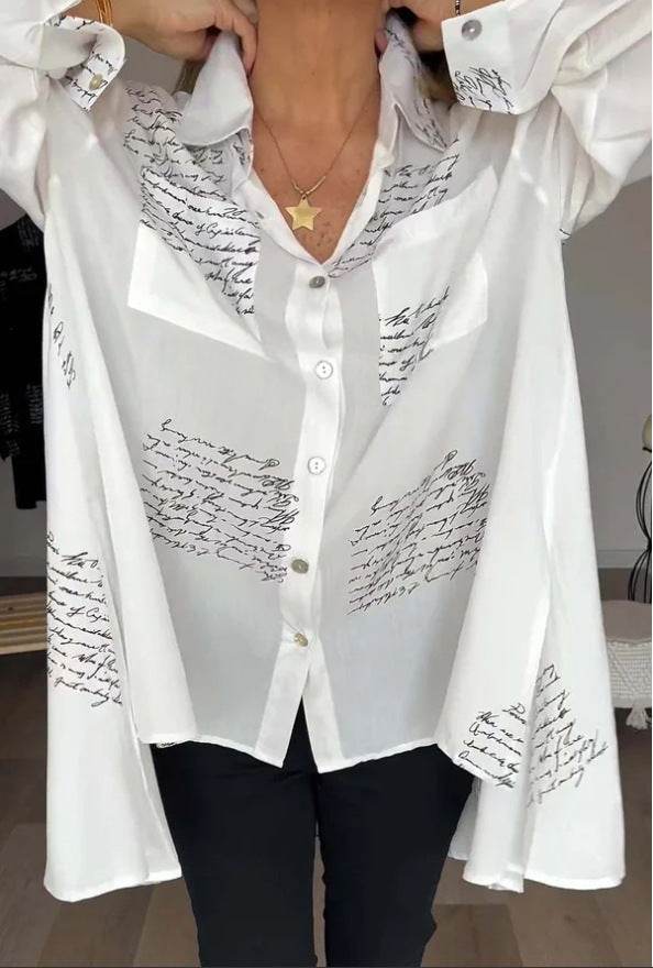 Letter Print Long Sleeve Shirt Fashion Commuter Style Lapel Shirt Women's Clothing - Mubimart