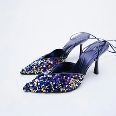 Women's Black Blue Sequin Slingback High Heel Mules