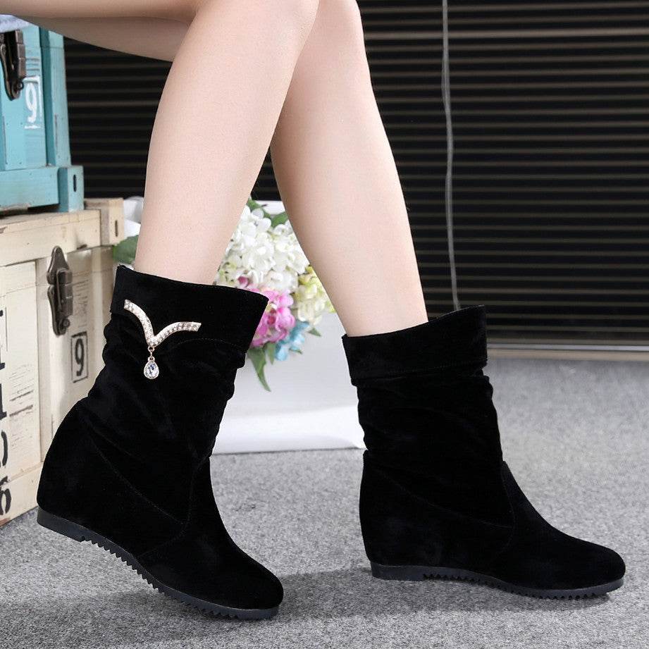 Women's Nubuck Wedge Long Suede Inner Booster Flat Tall Boots - Mubimart