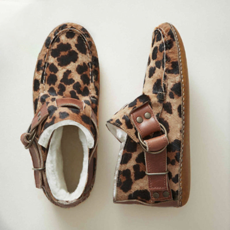 Women's Comfy Leather Leopard Flats Autumn Buckle Strap Shoes For Women New Casual Travel Breathable Women Shoes