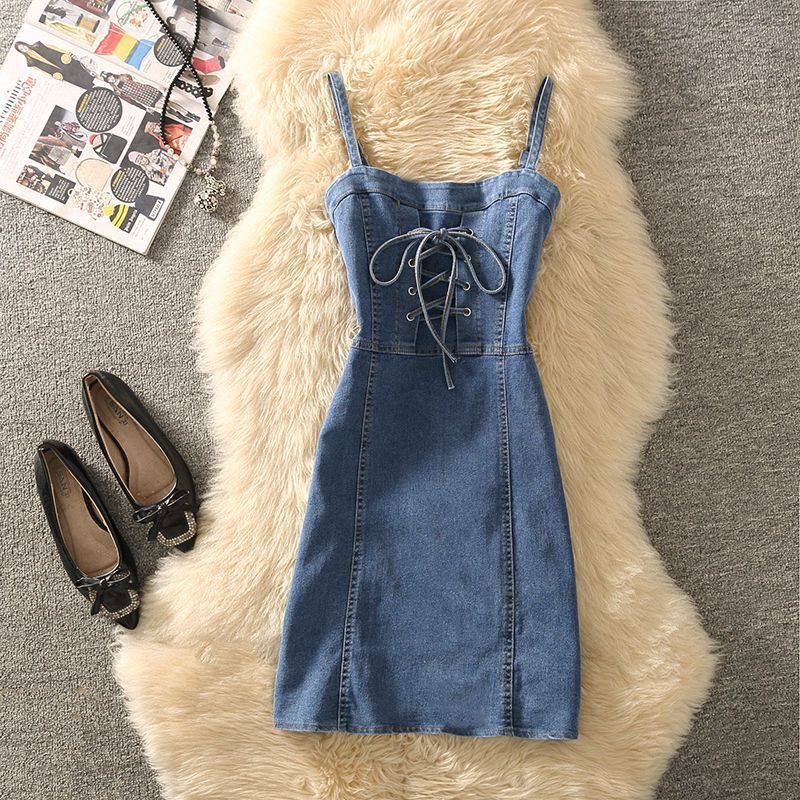 Summer Clothing Denim Braces Skirt Waist Trimming Lace Up Small Size Dress Suit - Mubimart -  