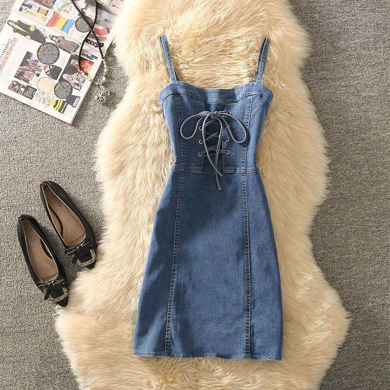 Summer Clothing Denim Braces Skirt Waist Trimming Lace Up Small Size Dress Suit - Mubimart
