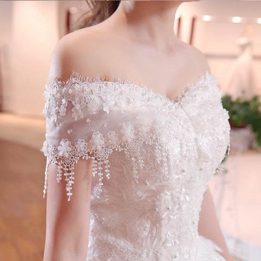 Shoulder-to-shoulder Wedding Dress Bridal Lace Plus Size Thin Shoulder Wedding Dress - Mubimart