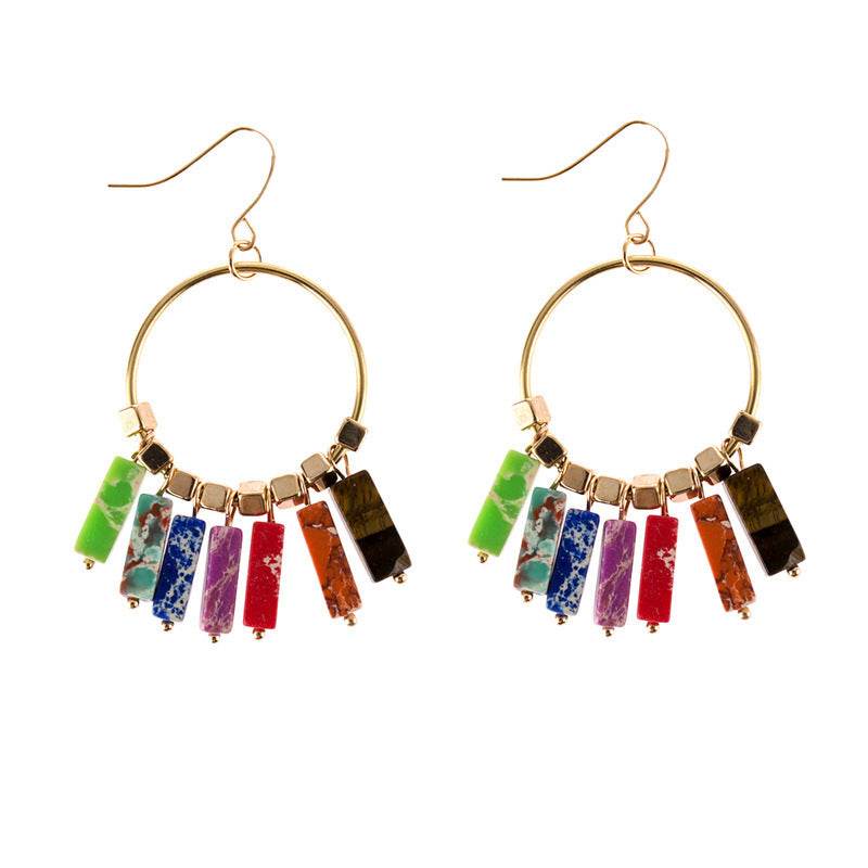 Bohemian Large Hoop Earrings Colorful Natural Turquoise Pendant Hoop - Mubimart