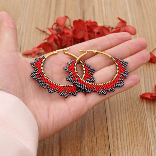 Handmade Woven Beaded Hoop Earrings - Mubimart