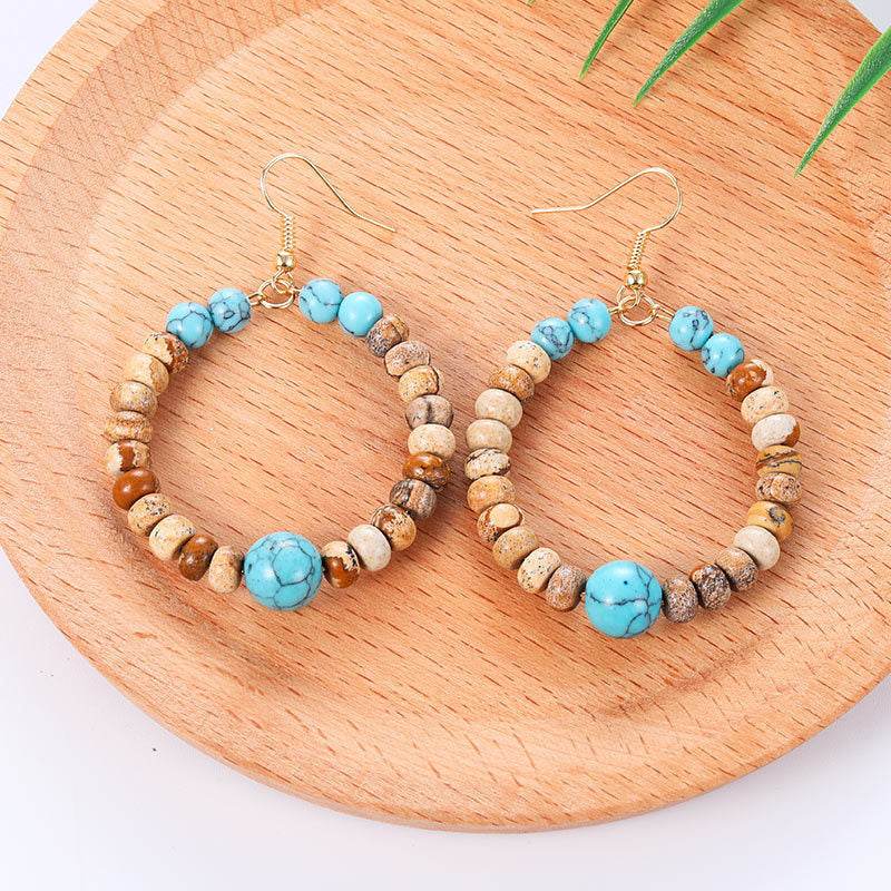 Bohemian Large Hoop Earrings Colorful Natural Turquoise Pendant Hoop - Mubimart