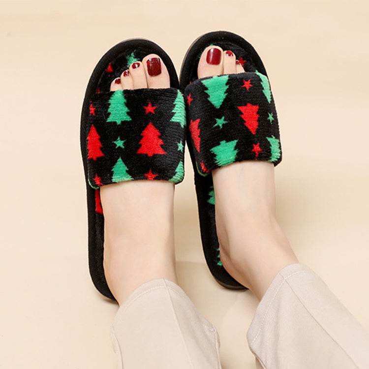 Christmas Tree Home Slippers Fashion Floor Bedroom Open-toe Plush Slippers For Women Fuzzy House Shoes - Mubimart