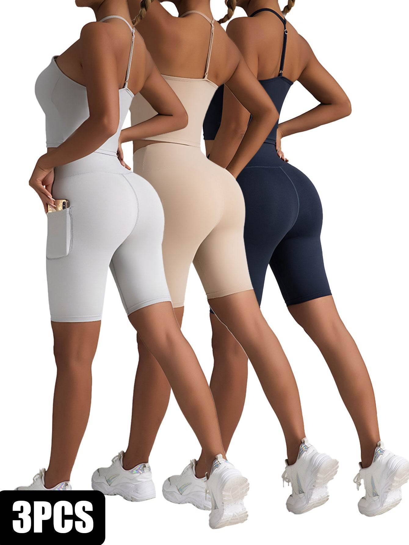 3 Pack Biker Shorts With Pockets High Waist Tummy Control Running Workout Polymide Gym Volleyball Yoga Shorts - Mubimart