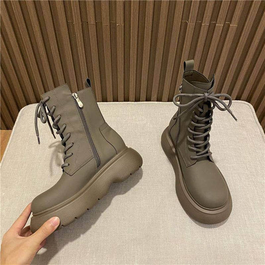 Single Boot Black Short Tube British Style Lace Up Ankle Boots - Mubimart