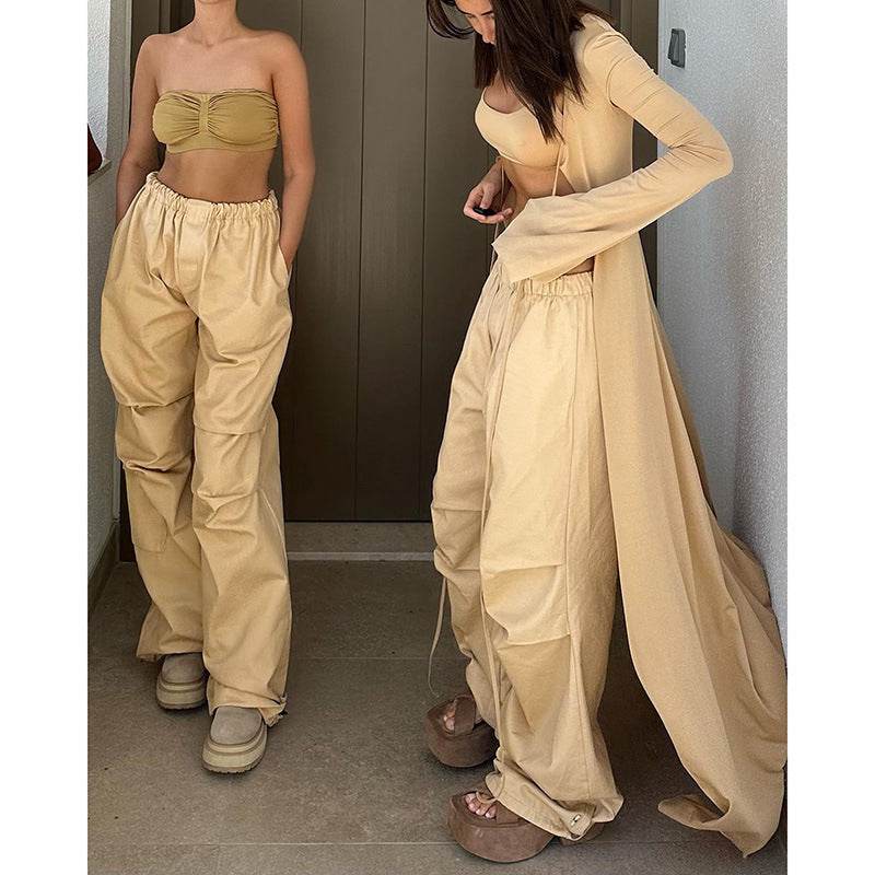 Solid Color Casual Slim-fit Commute Multi-pocket Cargo Pants Women - Mubimart