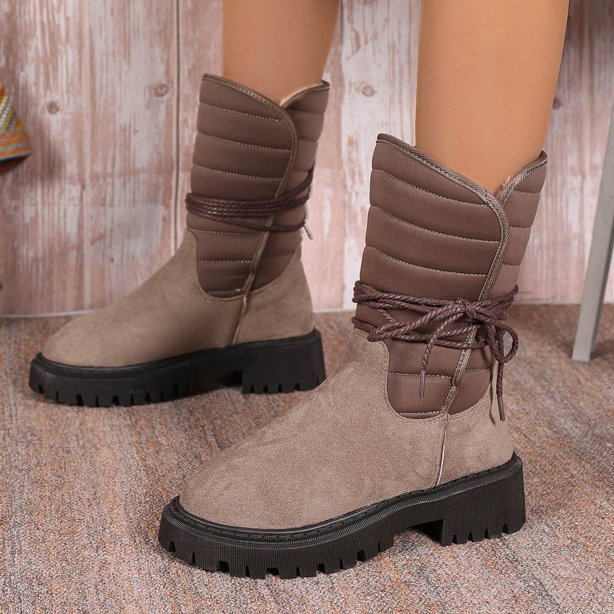 Fashion Mid-calf Snow Boots With Lace-up Design Winter Warm Thickened Low-heeled Boot Women's Casual Shoes Outdoor - Mubimart