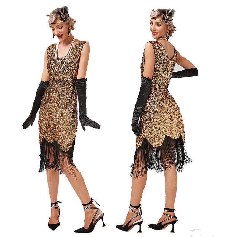 Vintage Sequin Skirt Gatsby Prom Tassel Dress - Mubimart