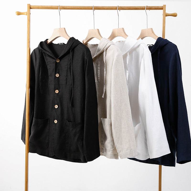 Linen Shirt Casual Linen Hooded Loose Breathable Jacket - Mubimart