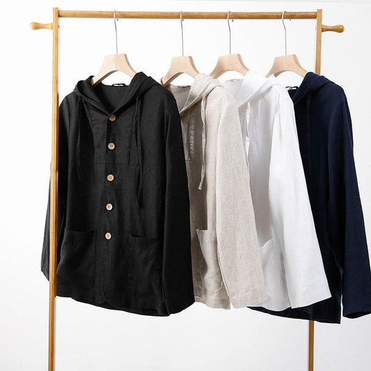 Linen Shirt Casual Linen Hooded Loose Breathable Jacket - Mubimart