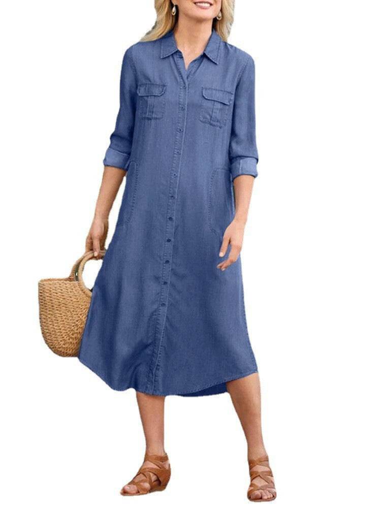 Denim Multi-pocket Dress Elegant Large Size - Mubimart