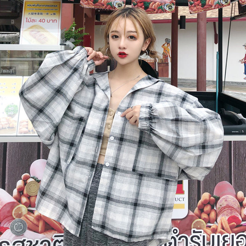 Women Blouses Shirts Plaid Oversize Thin Casual Sun-protect - Mubimart -  