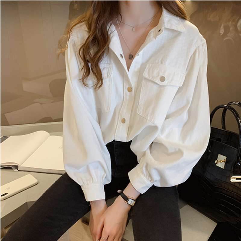Blouses Shirts Women Spring Pockets Long Sleeve Fashion Solid Korean - Mubimart