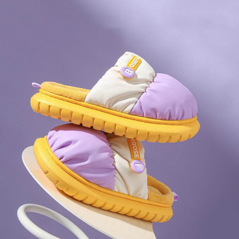 Mixed-color Down Cotton Slippers Winter Warm Indoor Non-slip Couple Thick-soled Home Shoes For Women Fashion Fuzzy House Slipper - Mubimart