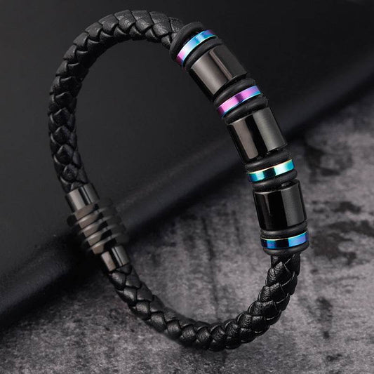 Mens Leather Titanium Steel Simple Bracelet - Mubimart