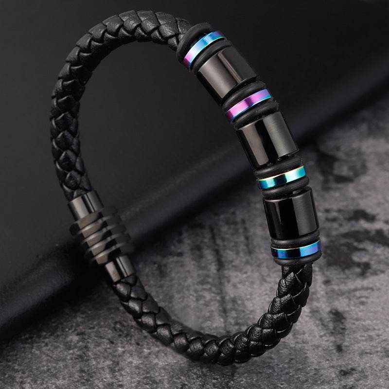 Mens Leather Titanium Steel Simple Bracelet - Mubimart