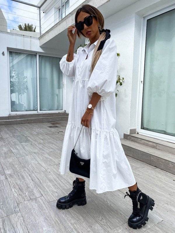 Shirt Lapel Plus Size Loose Swing Dress - Mubimart