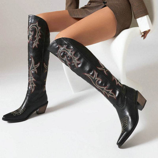 Embroidery Sleeve Western Cowboy Boot Chunky Heel High Heel - Mubimart