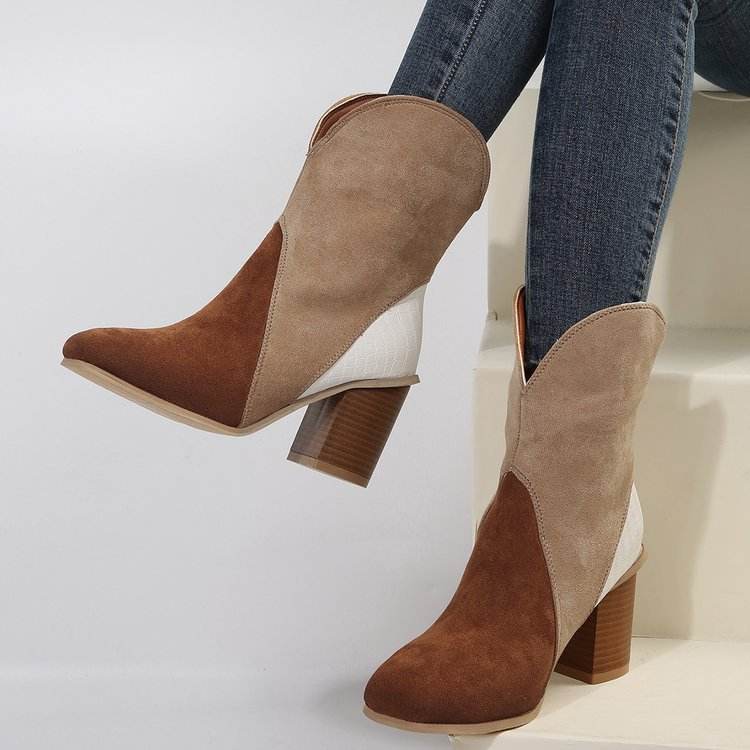 Fashion Splicing Suede Boots Retro Pointed-toe Square High Heel Mid-calf Boots For Women Fall And Winter Shoes - Mubimart