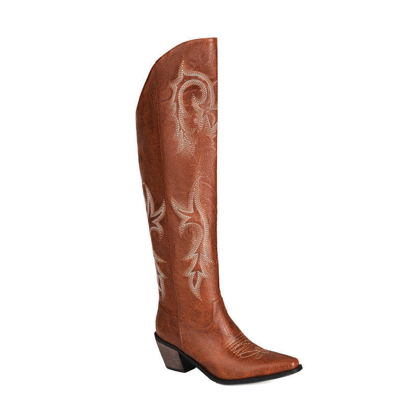 Embroidery Sleeve Western Cowboy Boot Chunky Heel High Heel