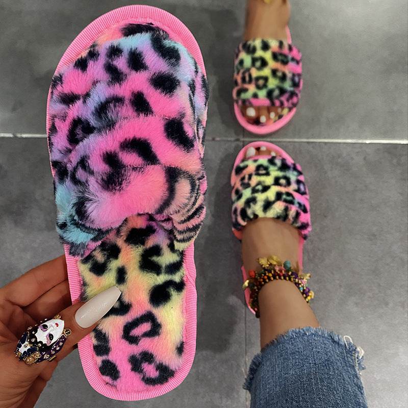 Women New Indoor Fuzzy Leopard Plush House Flat With Fuzzy Slipper - Mubimart