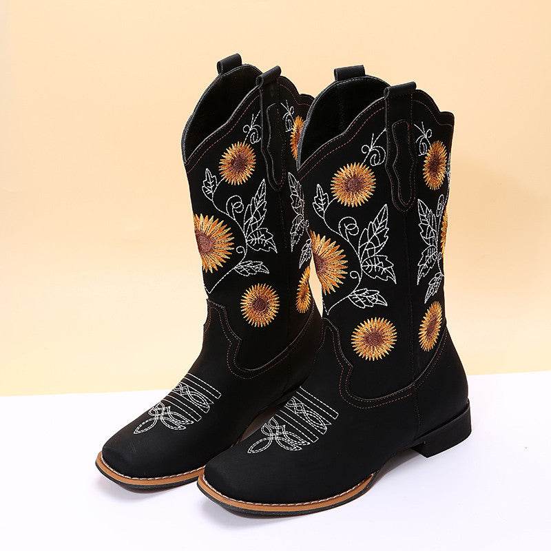 Cowboy Boots Women Sunflower Embroidery Shoes Low Heel Western Boot - Mubimart