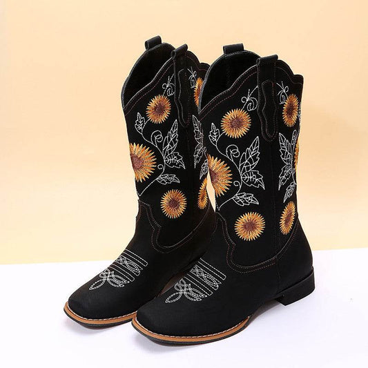 Cowboy Boots Women Sunflower Embroidery Shoes Low Heel Western Boot - Mubimart