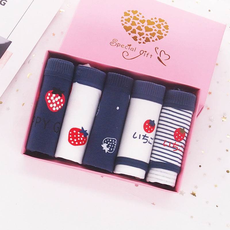 Japanese Style Purplish Blue Strawberry Underwear 5 Pack Women - Mubimart
