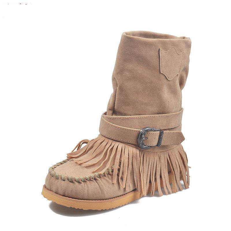 Fringe Middle Boots Women Sexy Tassel Boots Fashion Buckle - Mubimart