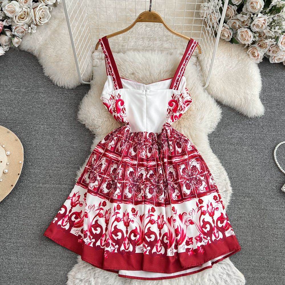 Retro Printing Slip Dress Women - Mubimart