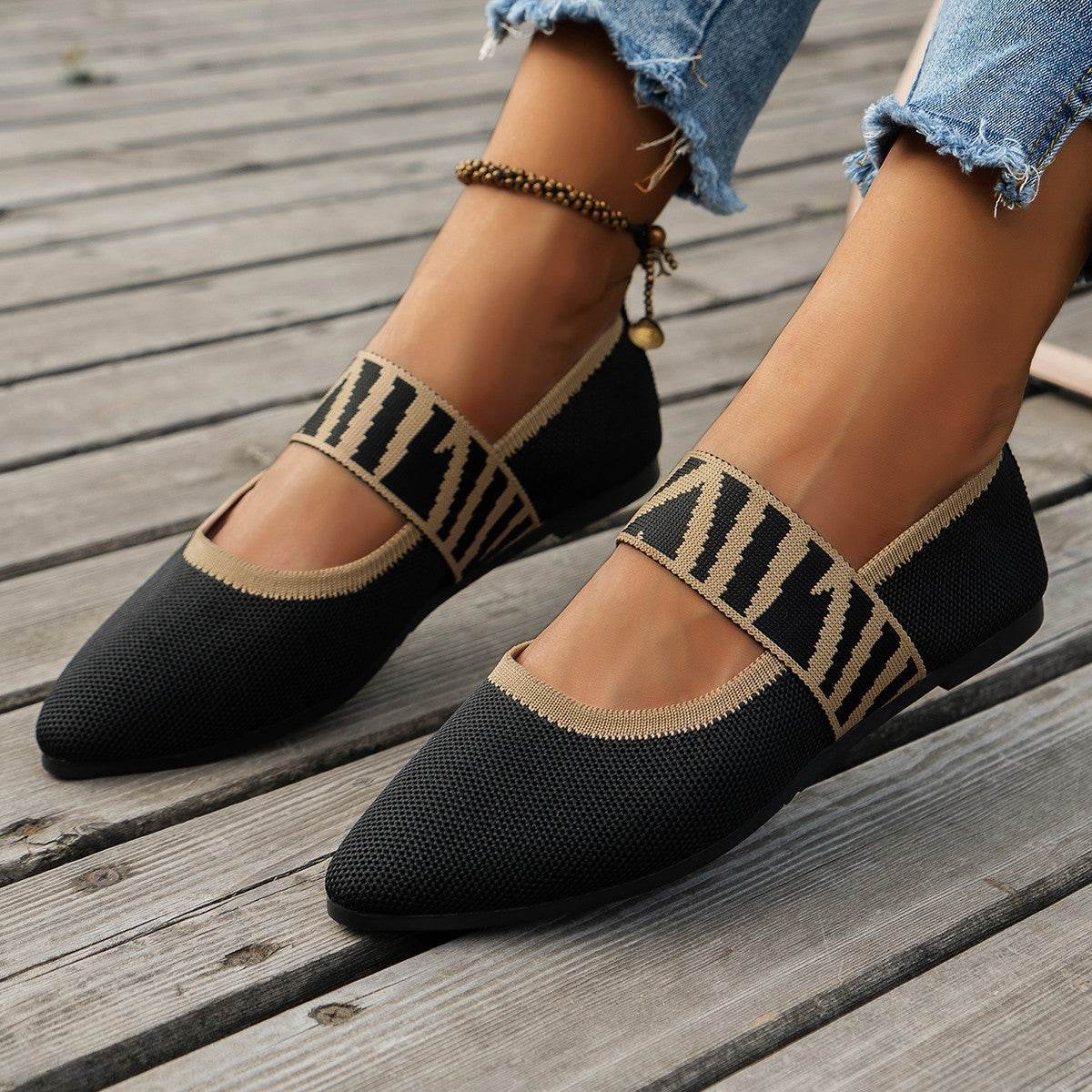 Striped Flats Shoes Fashion Casual Pointed Toe Loafers Lazy Shoes For Women - Mubimart