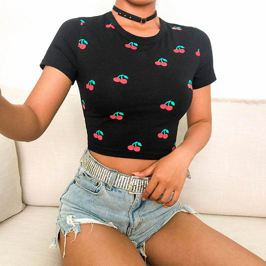 Black Cherry Summary Crop Top Tee Kawaii Shirt Women - Mubimart